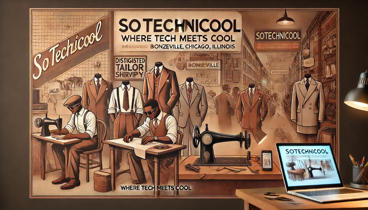 Sotechnicool vintage illustration showing tailors at work with modern technology